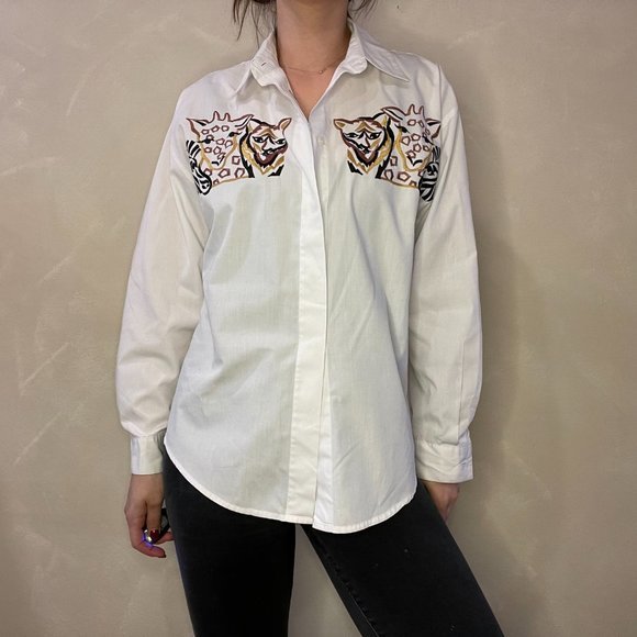 VTG 90s Ilyssa Maxx for 3K Animal Embroidery White Button Down in Size Medium - Picture 7 of 9